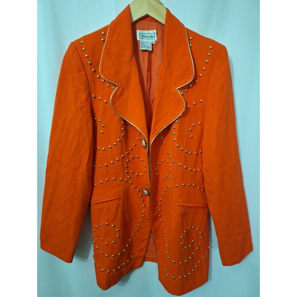 Vintage 80's Chancelle Women's Bright Orange Blazer Sz 6 Studded Rockstar Retro